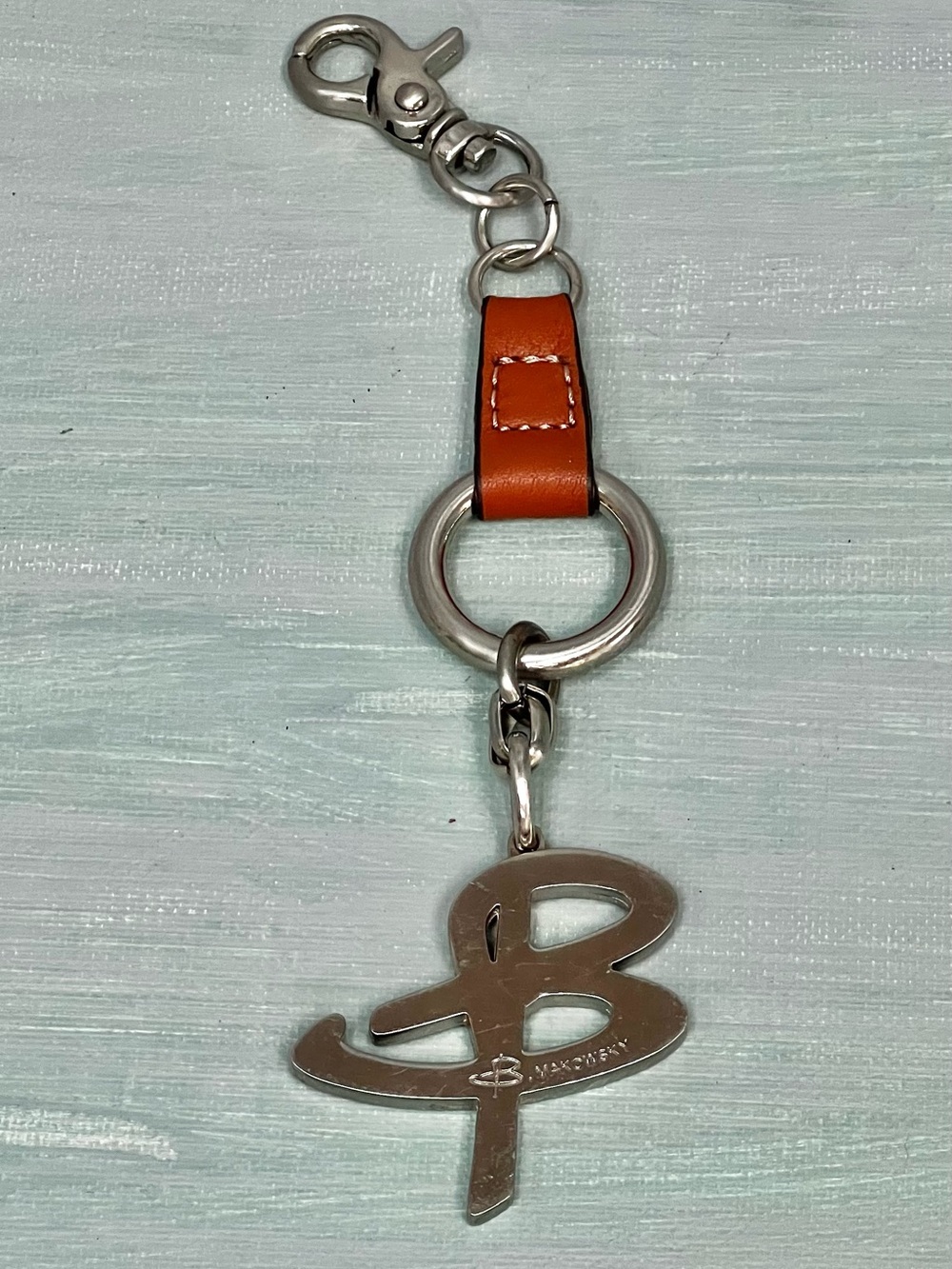 B Makowsky Signature Silver Keychain/Charm W/ Tanned Leather Accent